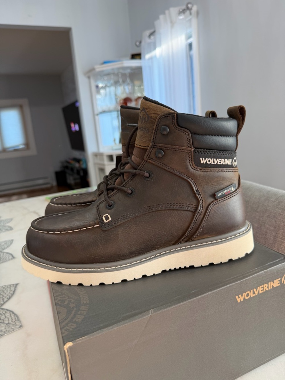 Wolverine Dark Brown Moc Toe Work Boots with Cream Sole